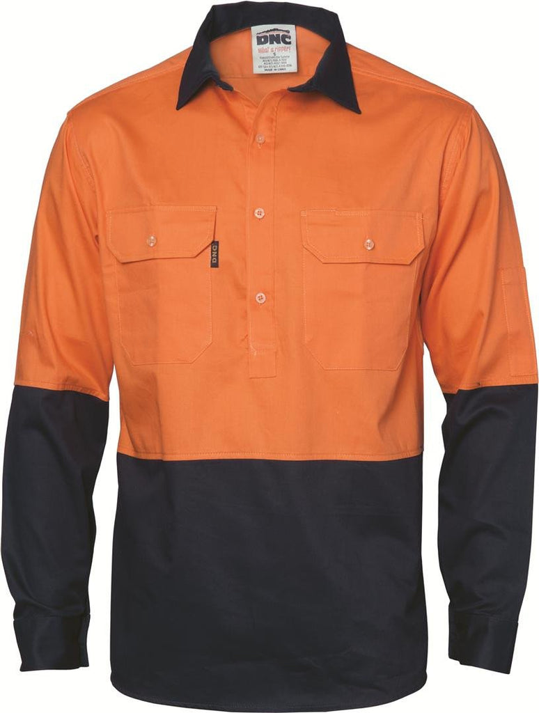 DNC HiVis Two Tone Close Front Cotton Drill Shirt - Long Sleeve, Gusset Sleeve (3834)