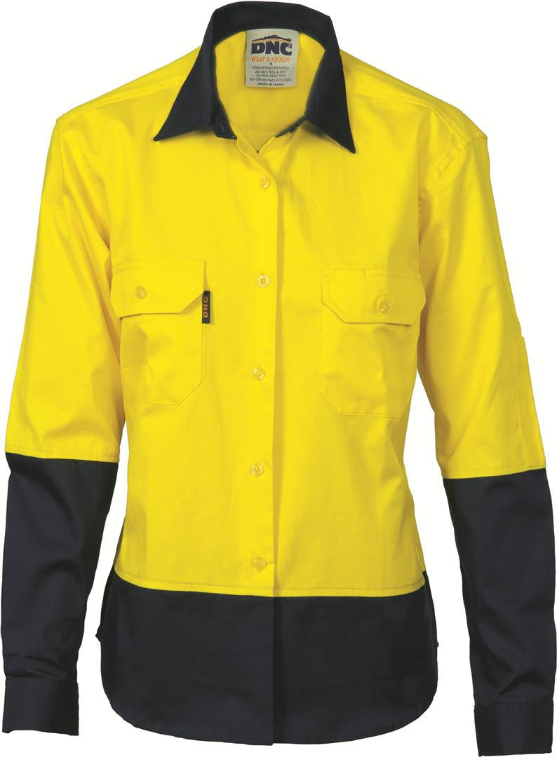 DNC Ladies Hi Vis Two Tone Cotton L/S Drill Shirt (3932