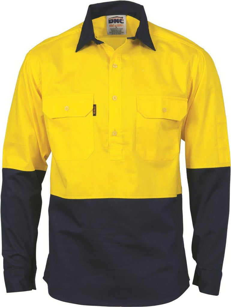 DNC Hivis 2 Tone Cool-breeze Close Front Cotton Shirt - Long Sleeve (3934)